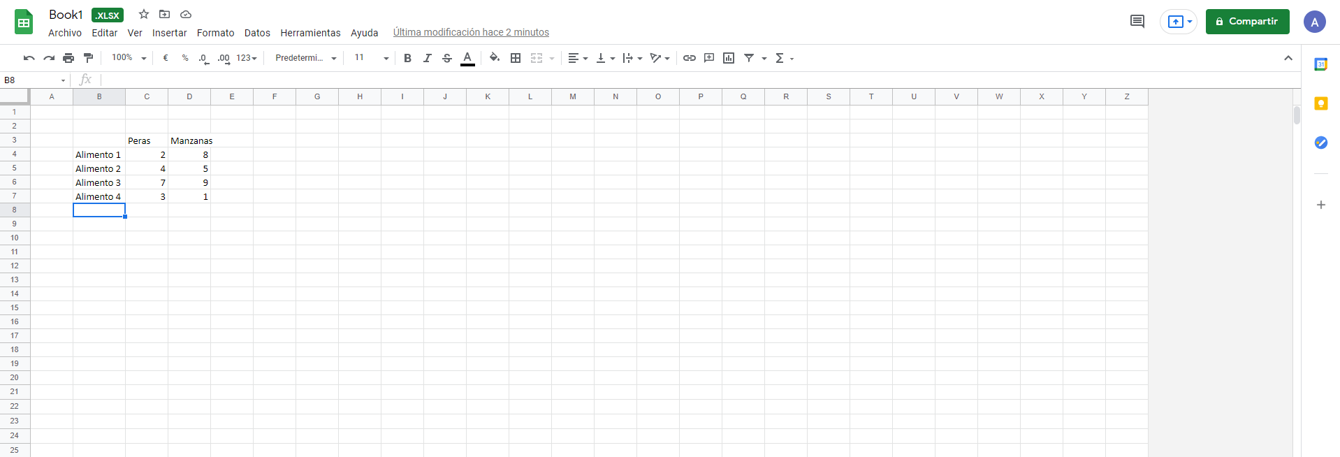 Documento Excel abierto con Google Sheets (Hojas de cálculo)