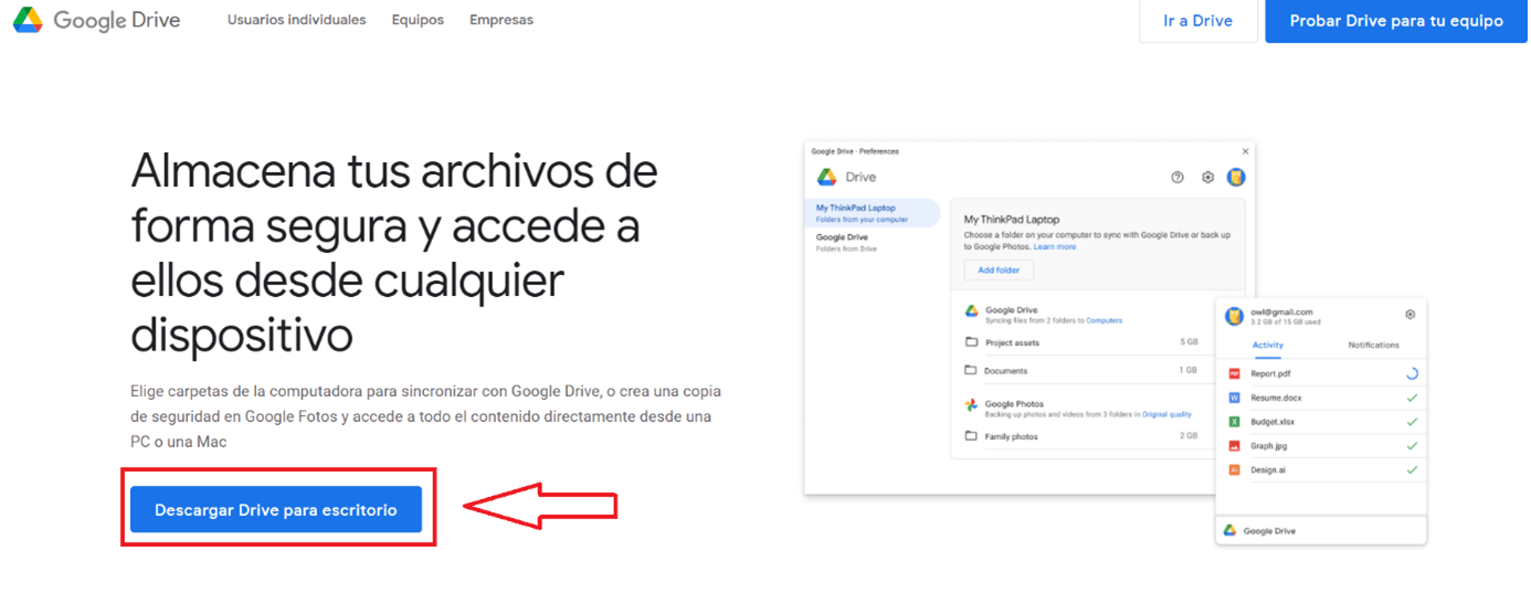 Descarga el asistente de sincronización de Google Drive para escritorio a través de Google