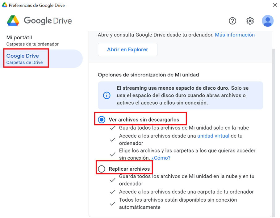 Haz clic en “Google Drive” y elige una opción de sincronización para tus archivos en el área “Mi unidad”