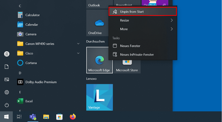 Icono de Microsoft Edge en el menú Inicio de Windows
