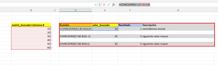 Ejemplo de uso de COINCIDIRX en un documento Excel