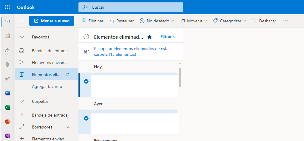 Elementos eliminados en Outlook.com