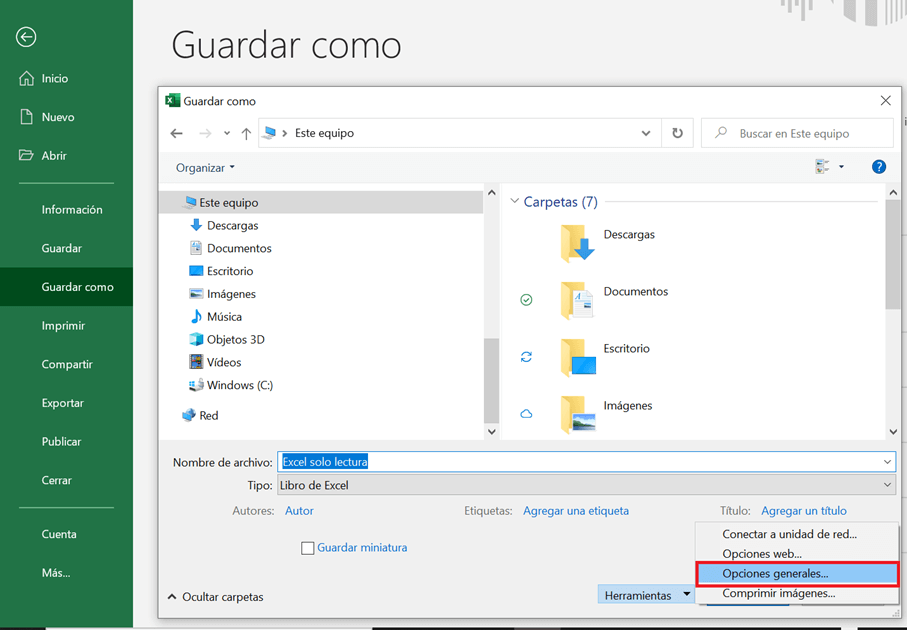 Excel para Windows: botón de “Herramientas” en el cuadro de Guardar