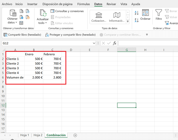 Los datos aparecerán fusionados en la nueva tabla de Excel