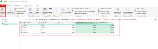 Inserta las tablas combinadas en una nueva hoja de cálculo de Excel haciendo clic en “Cerrar y cargar”