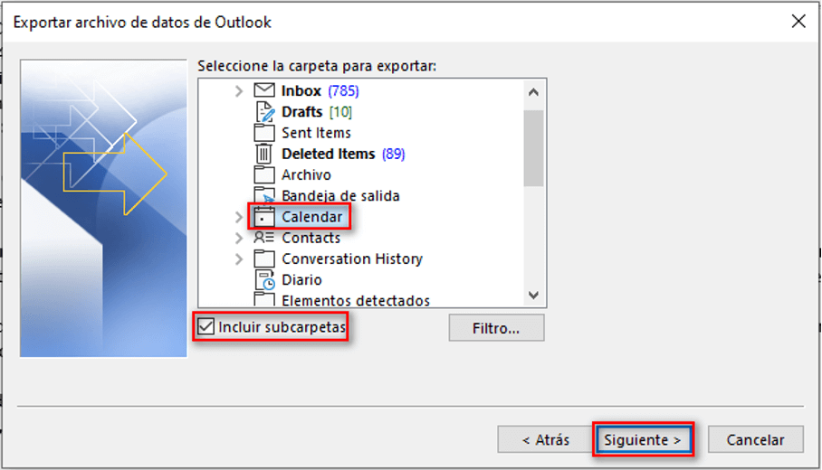 Asistente de importación y exportación de Outlook: selección de datos para la exportación
