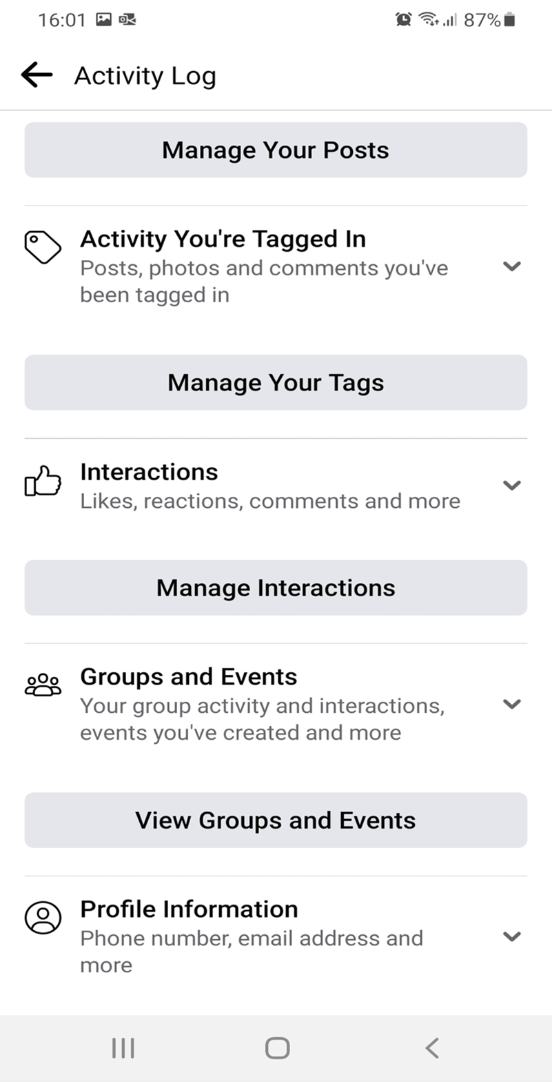 Il Registro attività dell’app Facebook