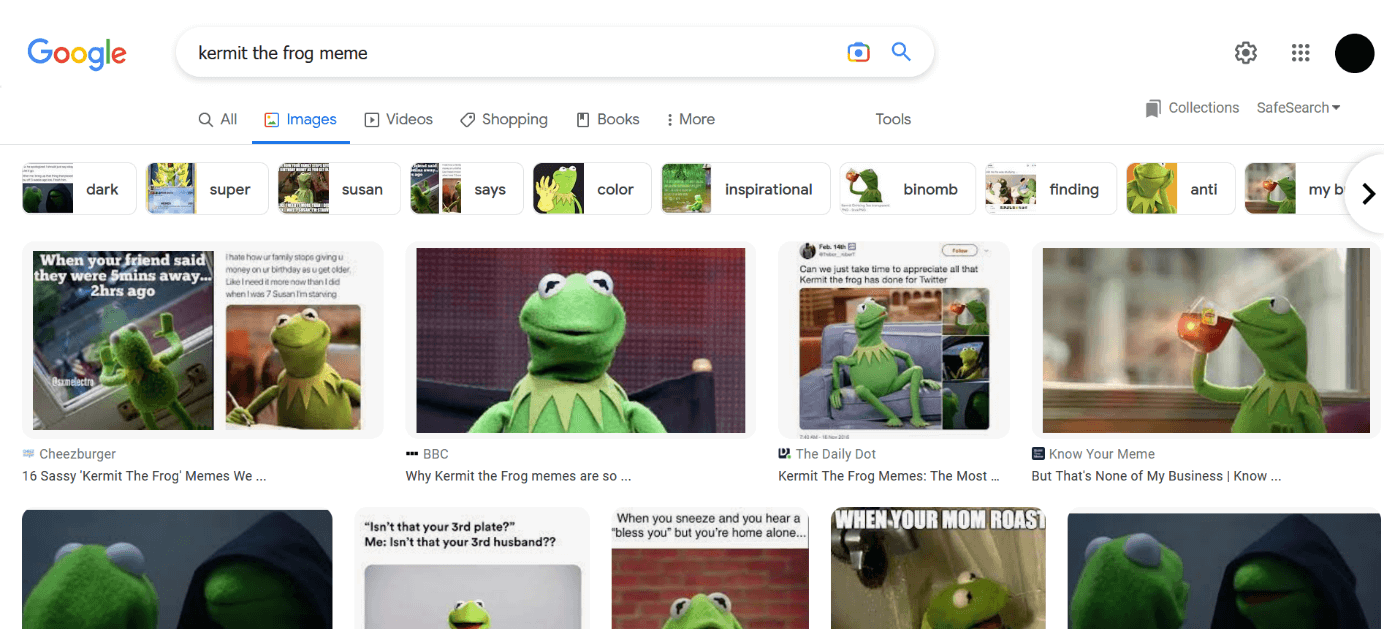 Captura de pantalla de una búsqueda en Google de memes de “Kermit the Frog”