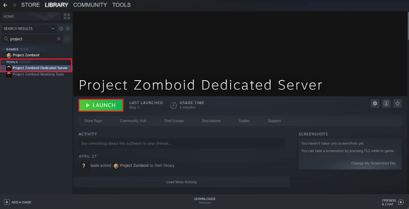 Página de inicio de la aplicación de servidor dedicado Project Zomboid en Steam