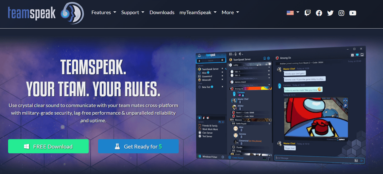 Página web de TeamSpeak que incluye el botón de descarga