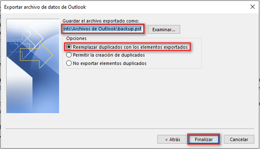 Asistente de importación y exportación de Outlook: ubicación del archivo exportado