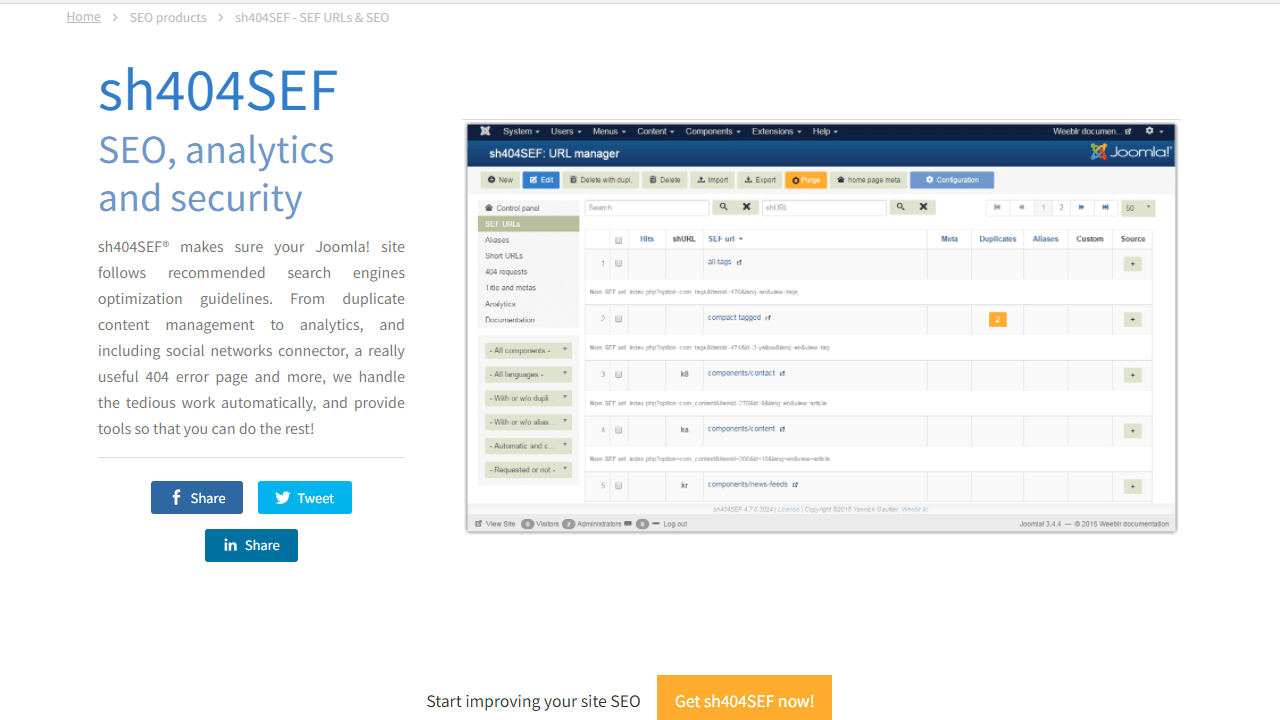 Captura de las funciones de sh404SEF en la web del proveedor