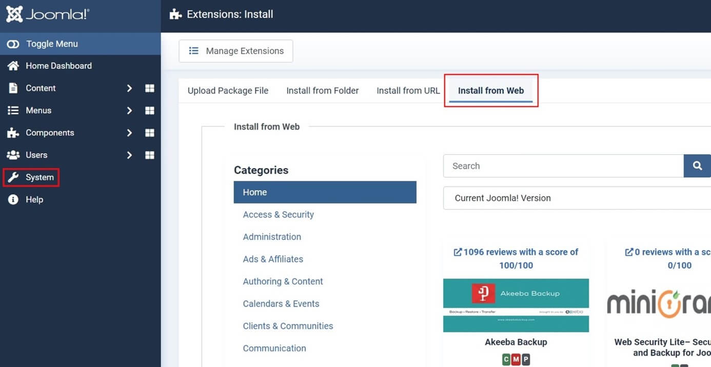 Joomla: instalar extensiones del catálogo web