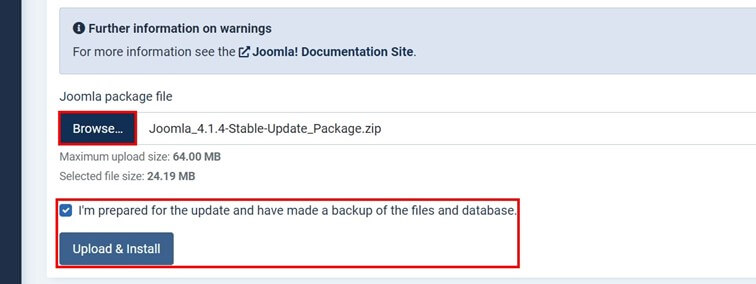 Joomla update: Uploading the Joomla package file in the backend