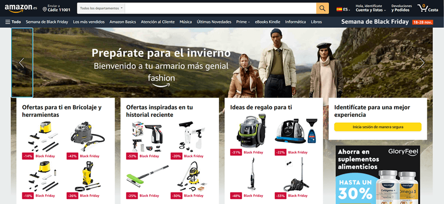 La página web de la empresa Amazon