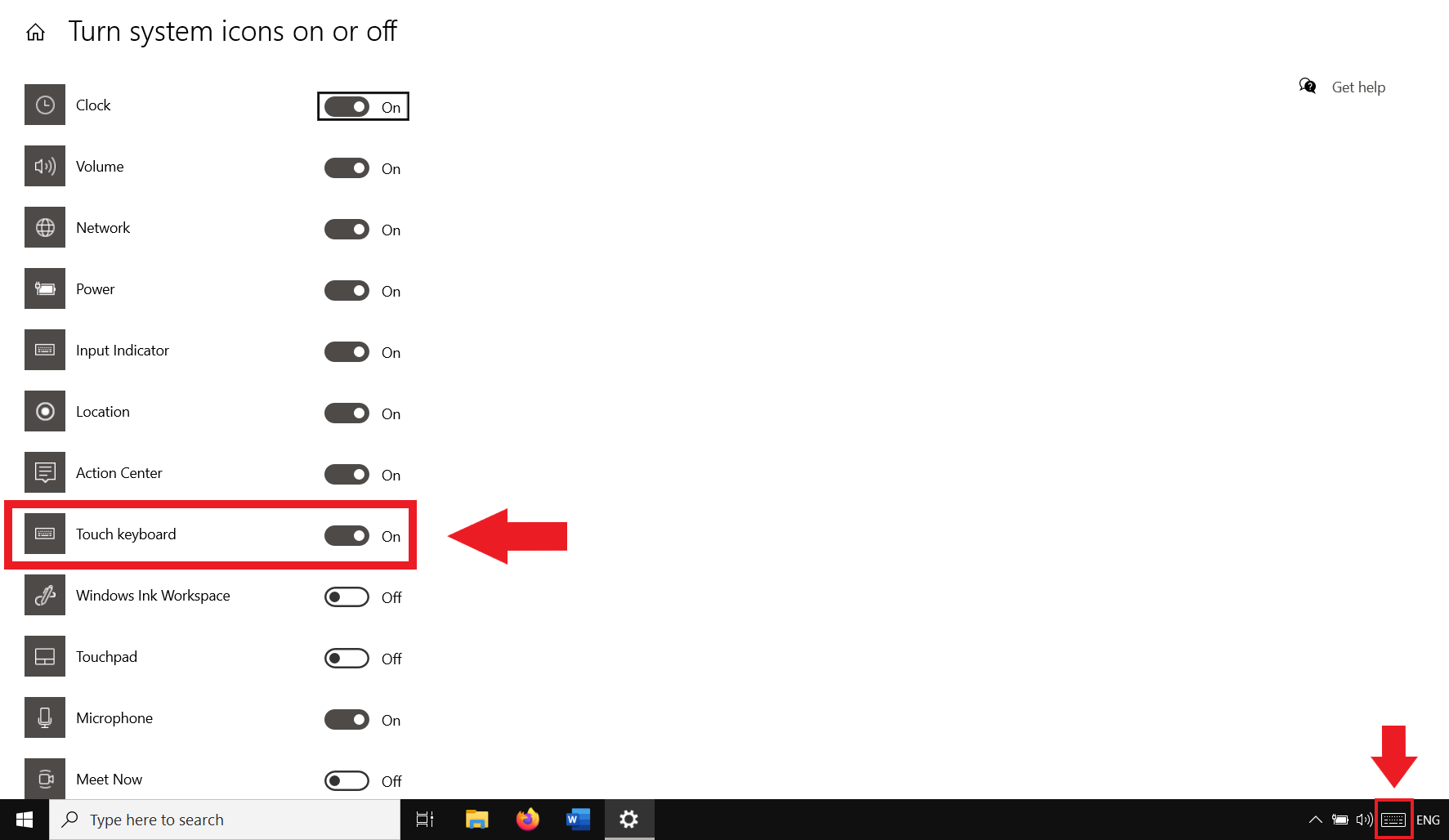 En cuanto el deslizador se pone en “Activado”, el teclado en pantalla se ancla a la barra de tareas en la parte inferior derecha