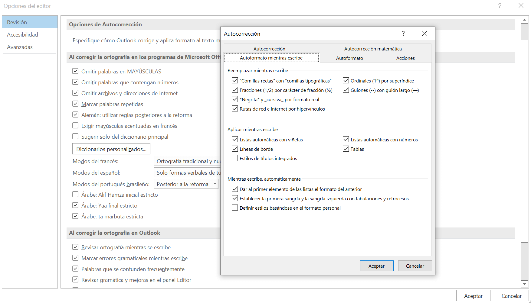 Opción de Outlook “Autoformato mientras escribe” y “Autoformato”