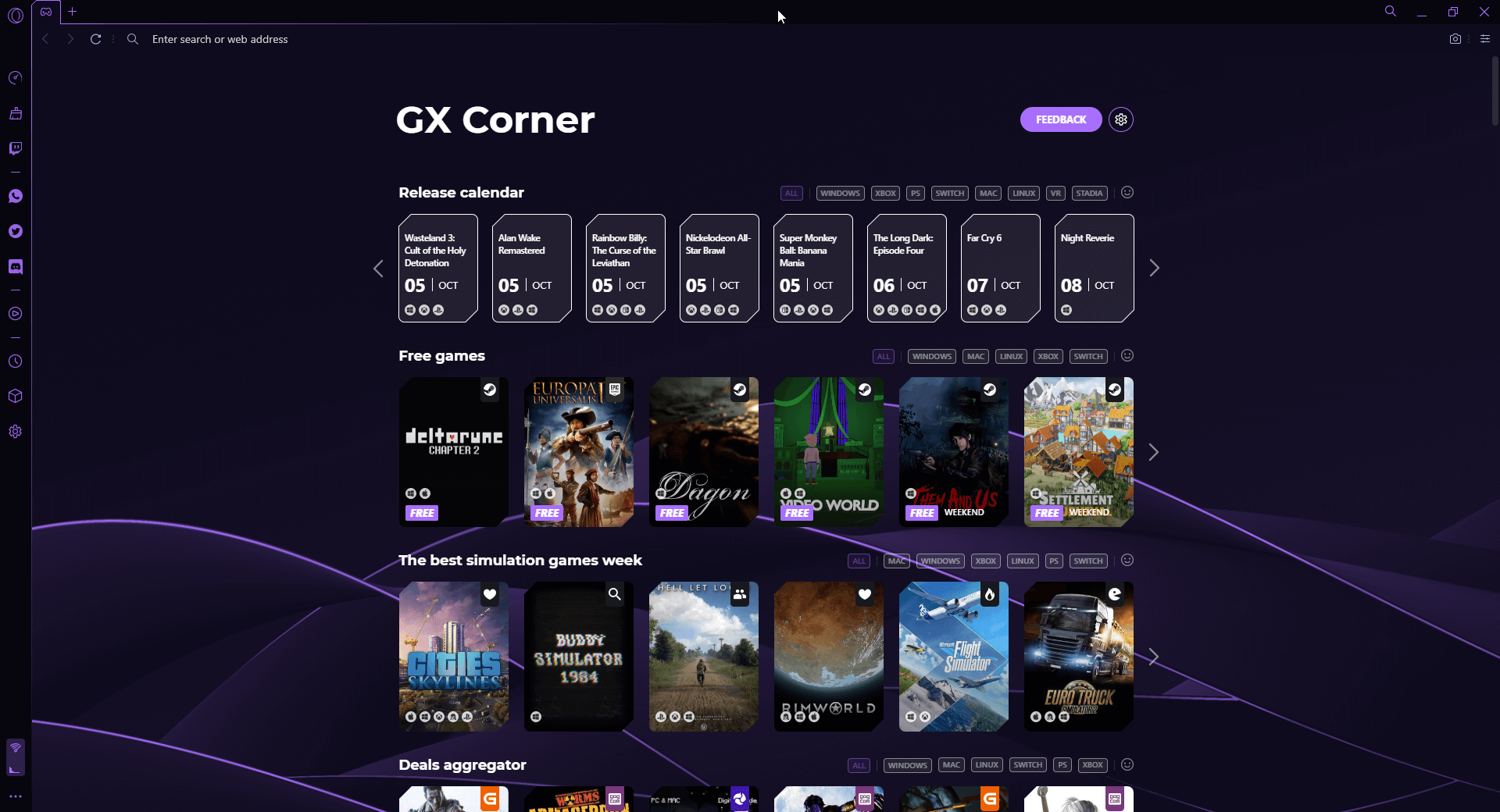 Opera GX: Página de visión general para los gamers