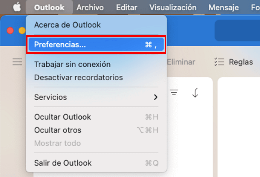 Outlook para Mac: menú desplegable con la opción de menú “Preferencias”