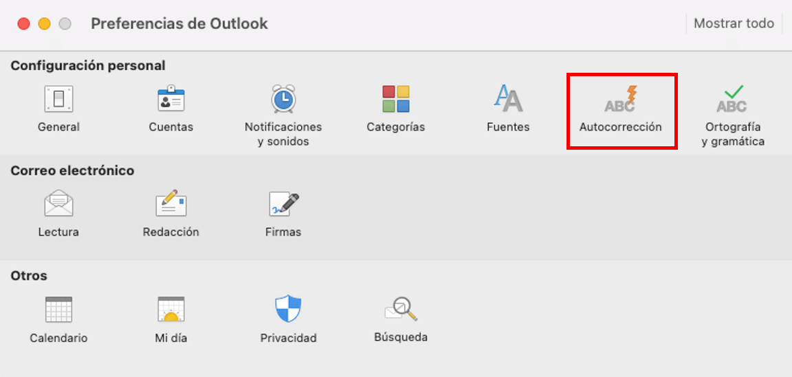 Outlook para Mac: opción de menú “Autocorrección” en las Preferencias
