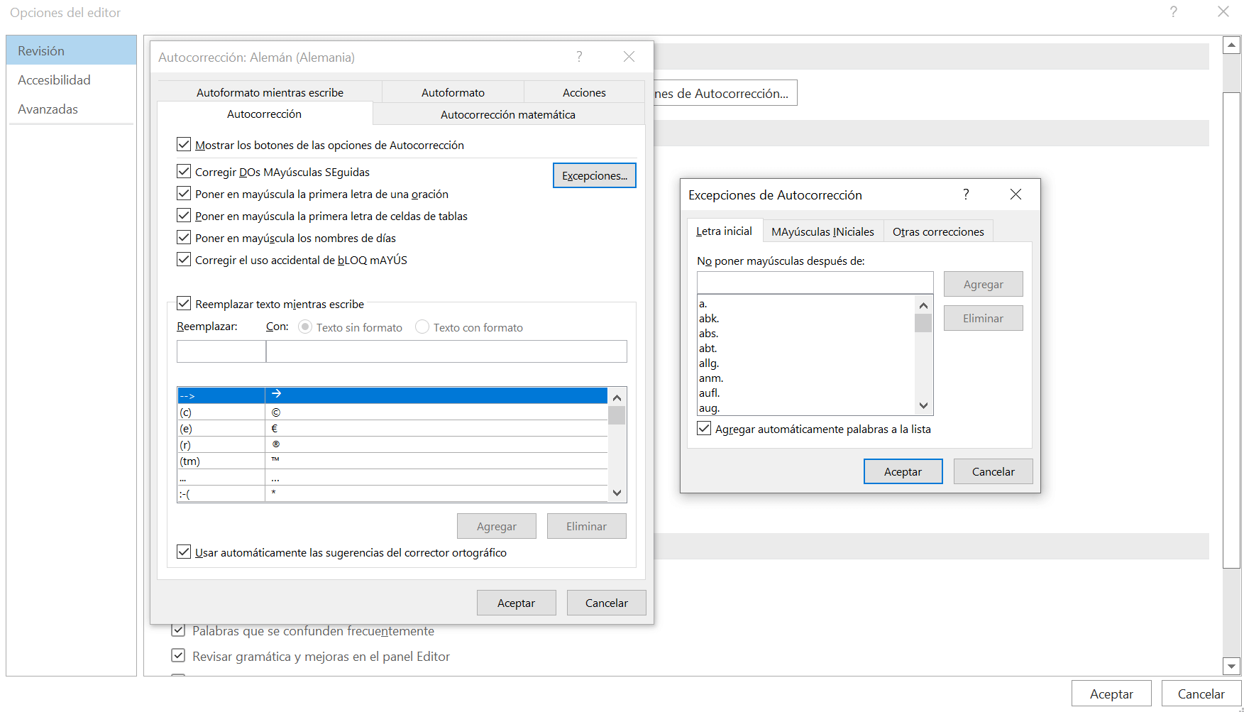 Outlook para Windows: excepciones de autocorrección