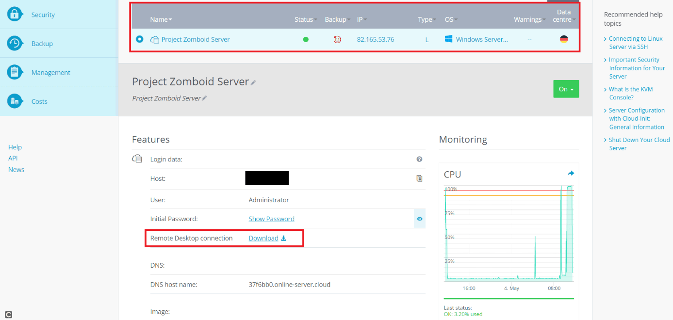 Resumen de tus datos de acceso y servidor en el Cloud Panel de IONOS