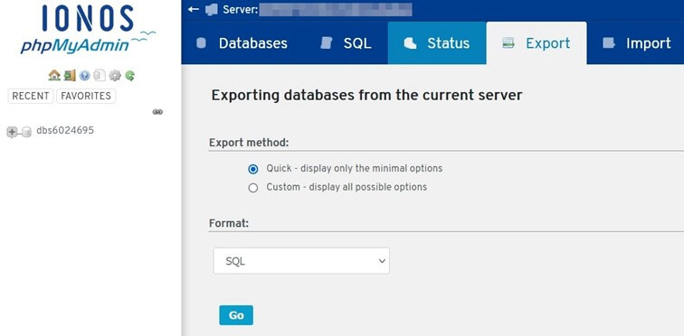Interfaz de phpMyAdmin de IONOS: exportar base de datos
