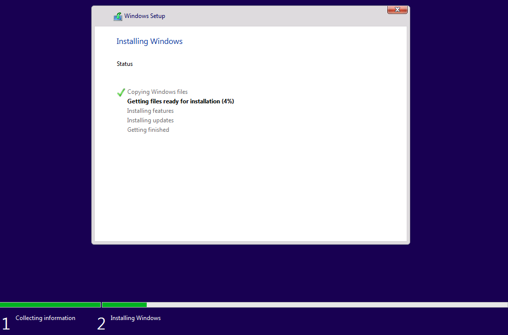 Barra de progreso con el mensaje “Windows se está instalando”