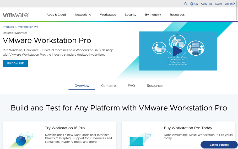 Captura de pantalla del sitio web de VMware Workstation Pro