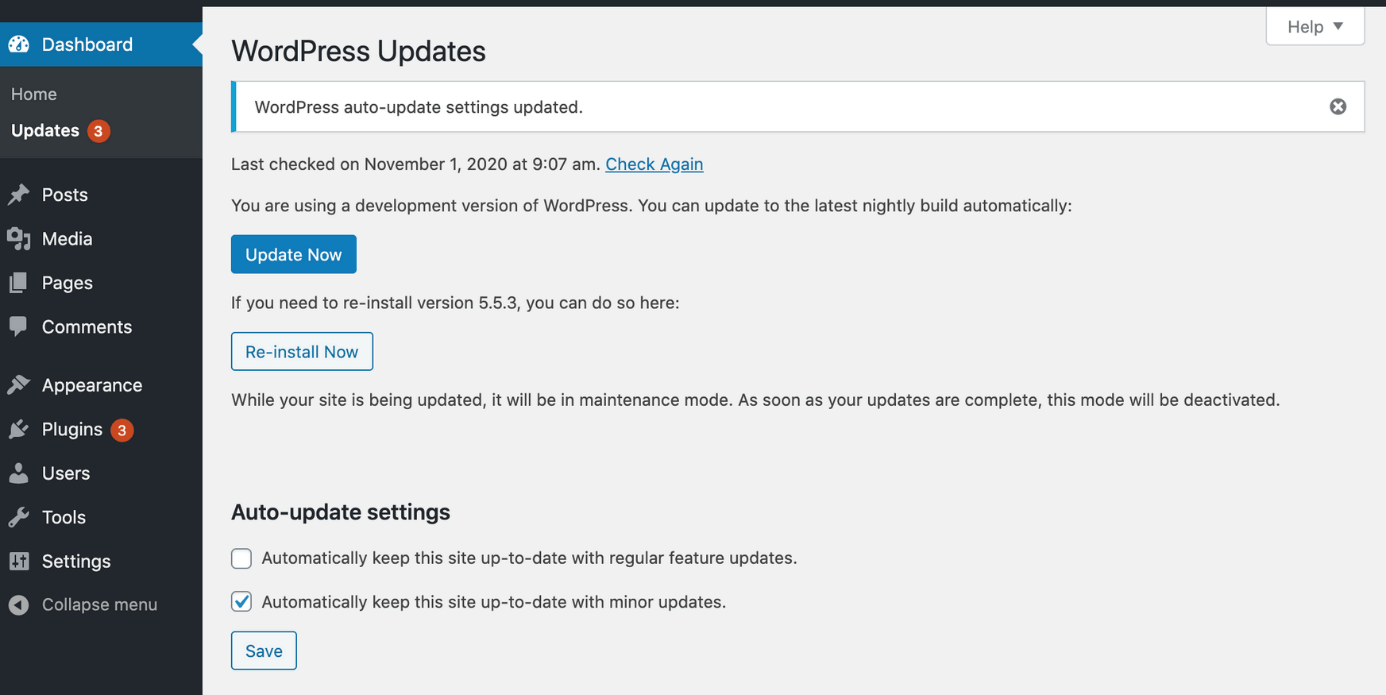 Captura de un panel de control de WordPress updates pendientes