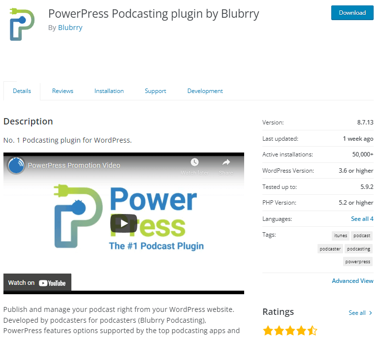 Captura de pantalla del plugin PowerPress de WordPress
