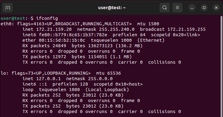 Captura de pantalla del comando “ifconfig” en Linux