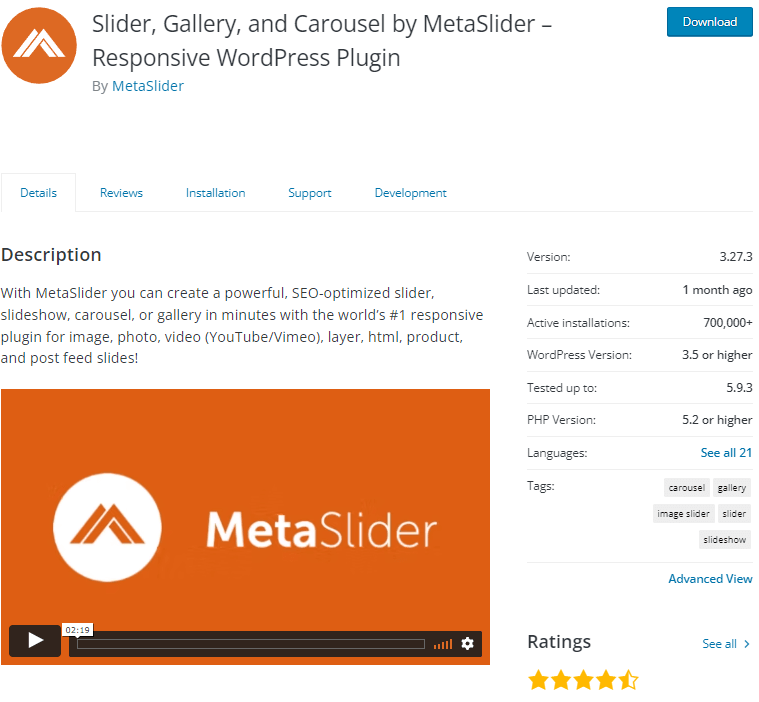 MetaSlider: captura de pantalla del plugin para WordPress