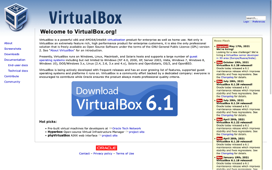 Captura de pantalla del sitio web de Oracle VirtualBox
