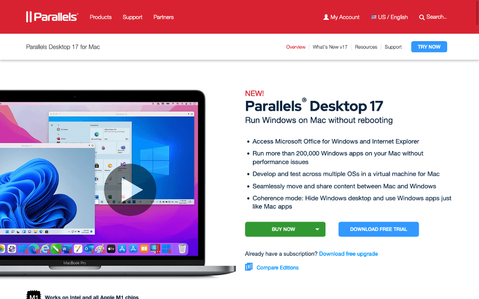 Captura de pantalla del sitio web de Parallels Desktop for Mac