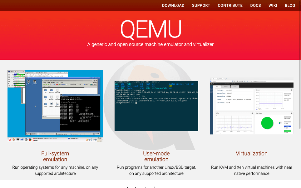 Captura de pantalla del sitio web de QEMU