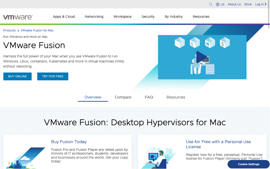 Captura de pantalla del sitio web de VMware Fusion Pro