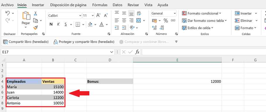 Segundo ejemplo de uso de COINCIDIRX: tabla de Excel con valores para analizar