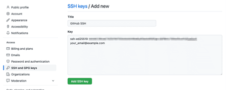 Clave SSH pública copiada en la página de configuración de GitHub