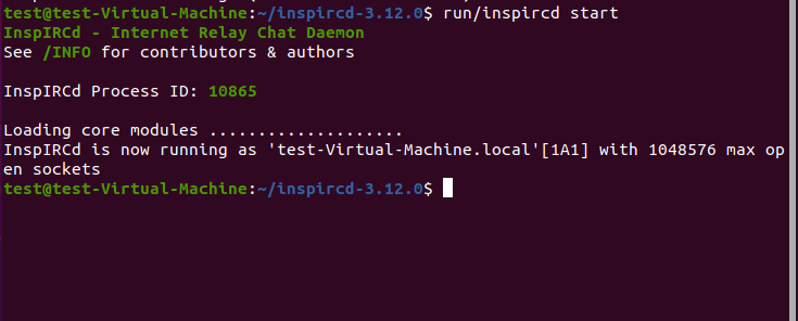 Inicio de InspIRCD en la terminal de Ubuntu