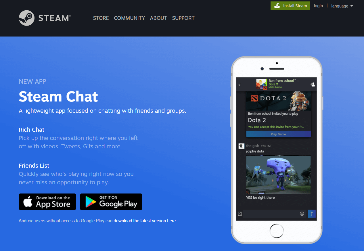 Página web de la tienda de Steam en la que se puede descargar la aplicación de chat de Steam