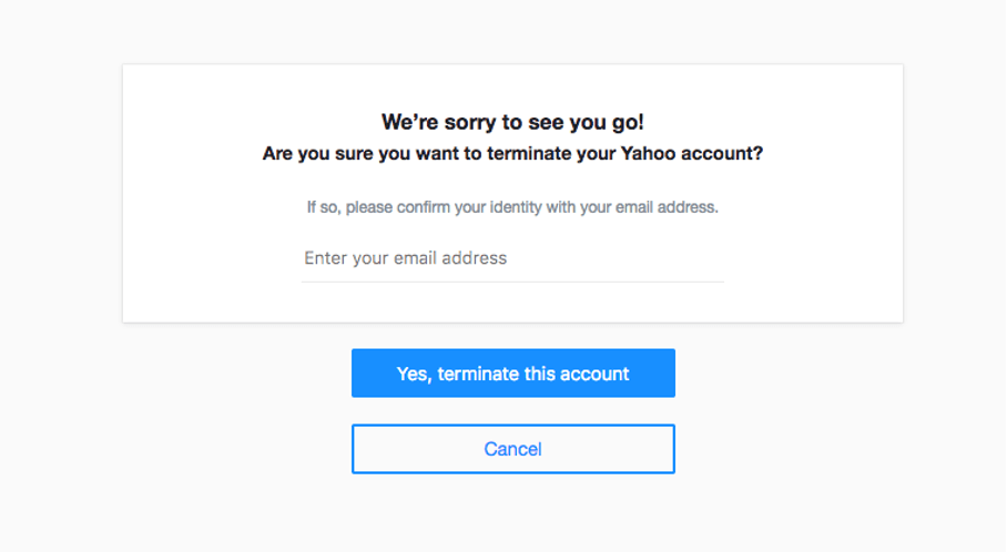 Captura de pantalla del último paso para cancelar la cuenta en la web de Yahoo