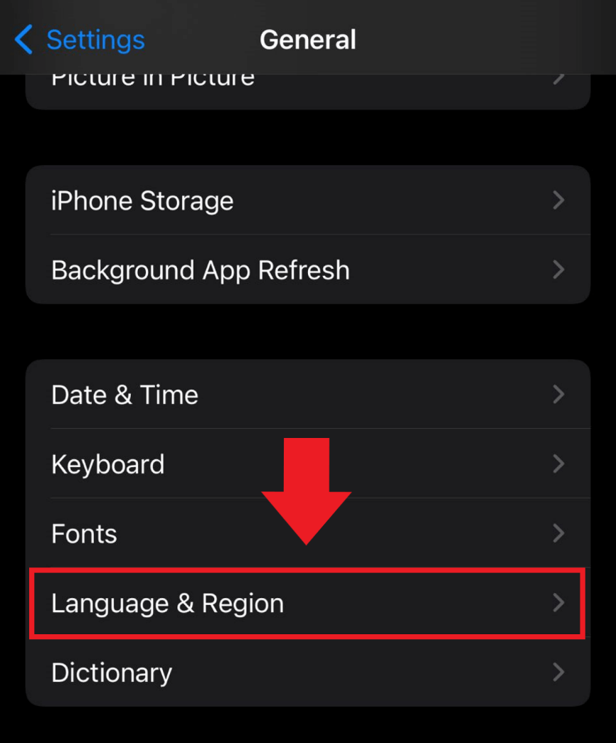 La opción “Idioma & región” del menú de ajustes “General” de iOS