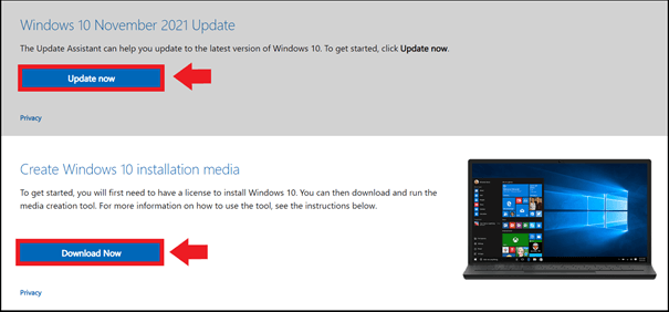 La página de descarga de Windows con opciones como “Actualizar ahora” o descargar el Media Creation Tool