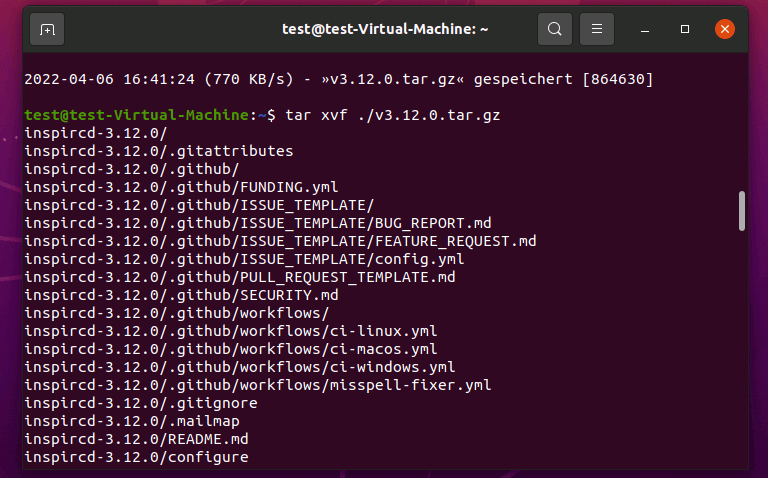Ubuntu 20.04: Descompresión de los archivos fuente de InspIRCd
