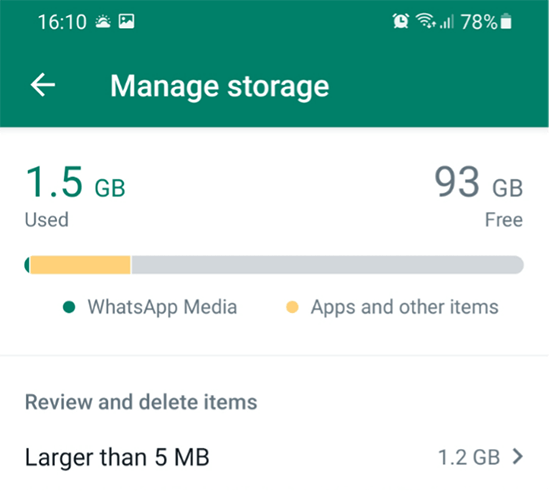 Captura de pantalla de “Gestionar el almacenamiento” en WhatsApp