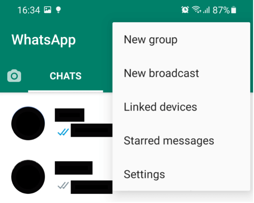 Captura de WhatsApp con un menú de navegación abierto