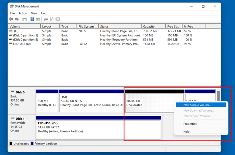 Administración de discos en Windows 11: espacio para almacenar no asignado