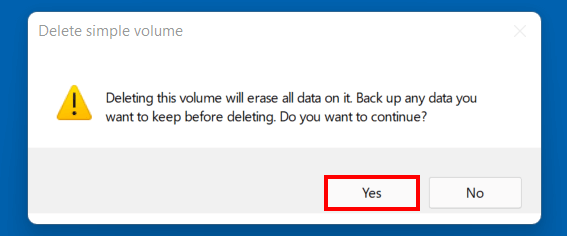 Cuadro de diálogo “Eliminar volumen simple” en Windows 11