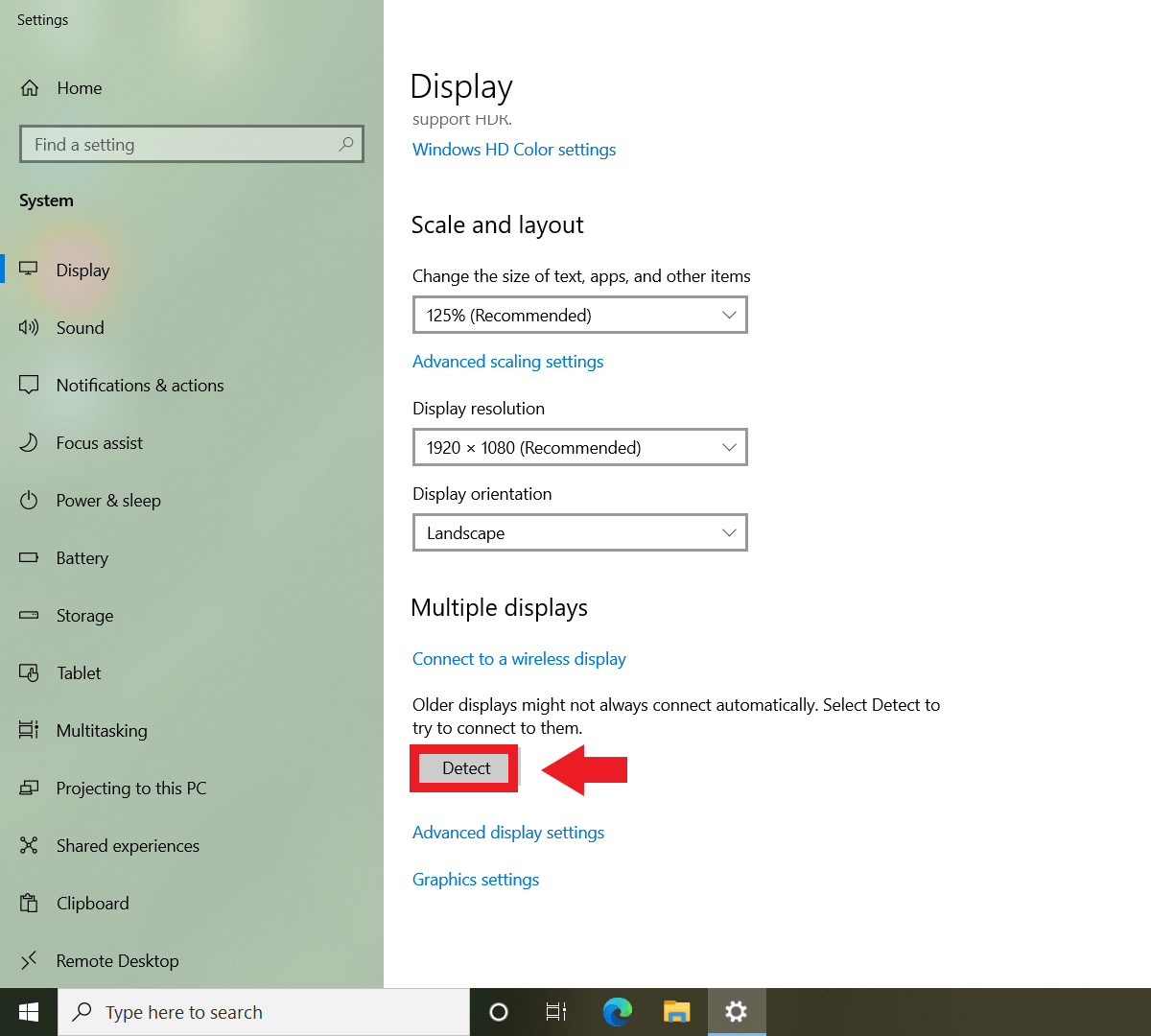 Menú Pantalla de Windows 10 con la opción “Detectar” en “Varias pantallas”